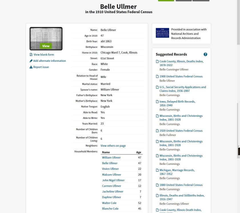 Ancestry.com page for Belle Ullmer from 1910 Census