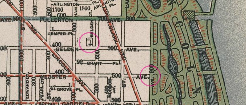 Chicago map 1896. Circles indicate where Schober lived, and where the officer reported hearing a gunshot.