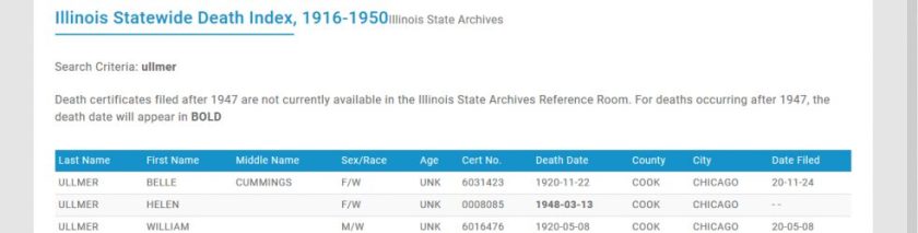 Screenshot from IL Statewide Death Index
