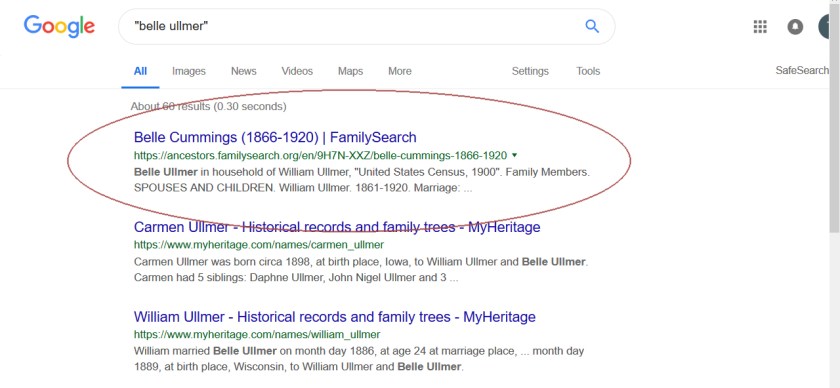 Results of Google Search for Belle Ullmer