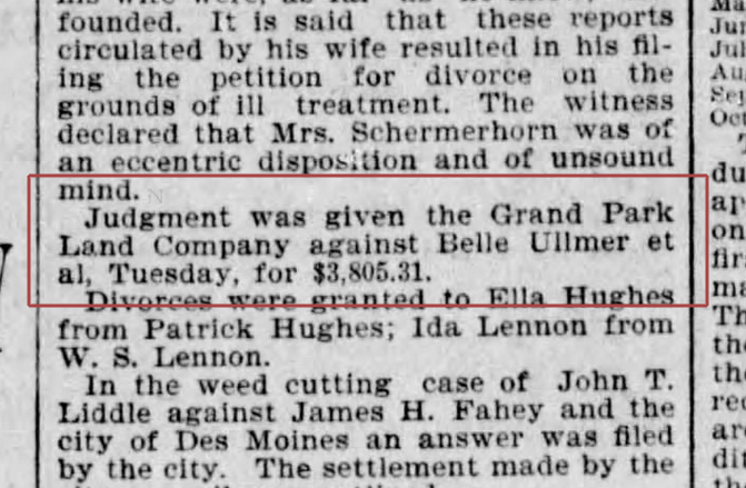 1901 Judgment against Belle Ullmer. Des Moines Register; 19 Jun 1901