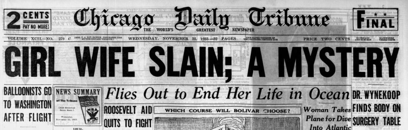 Chicago Tribune Wynekoop Headline from Nov 22, 1933. Says: "Girl Wife Slain; A mystery. Dr. Wynekoop finds body on surgery table.""