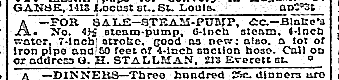 Want ad placed by Granville Stallman selling industrial equipment