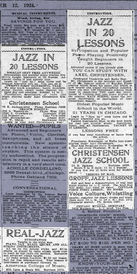 Jazz Want Ads; Chicago Tribune; Oct. 12, 1924; p. 109