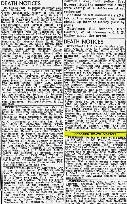 Obituaries from the newspaper, divided into "death notices" and "colored death notices."