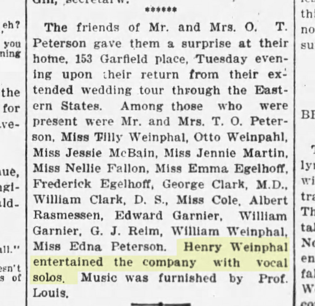 Harry sings at his sister's reception. Brooklyn Standard Union; June 23, 1901.