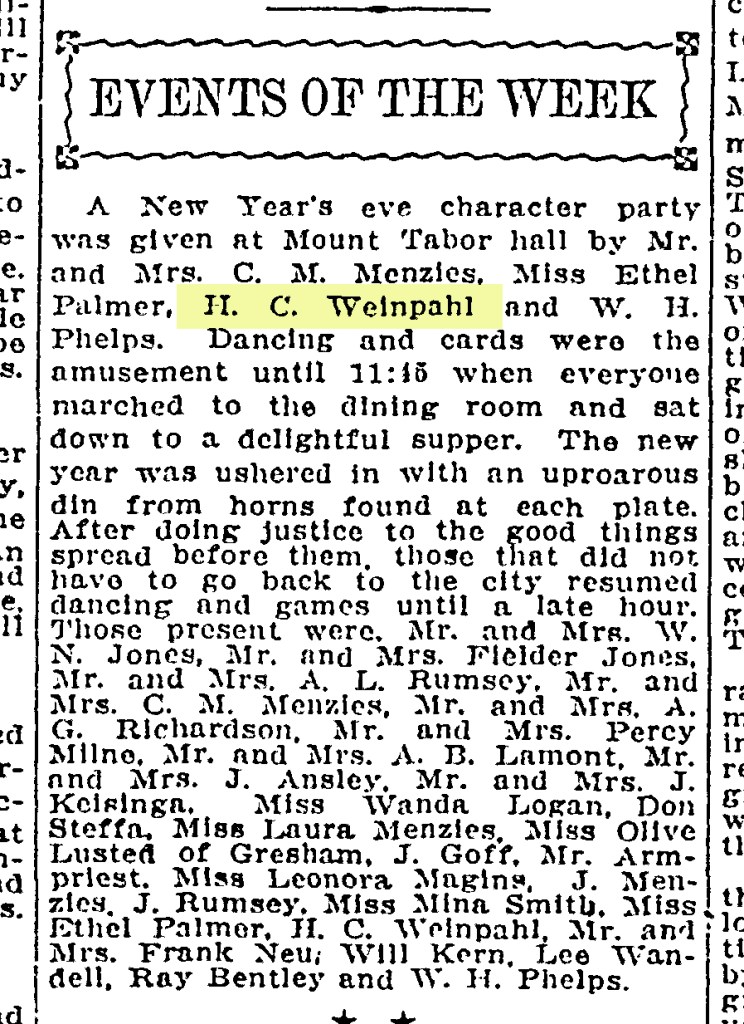 Harry co-hosting a New Year's Eve Party. The Oregon Sunday Journal; Jan. 10, 1909.