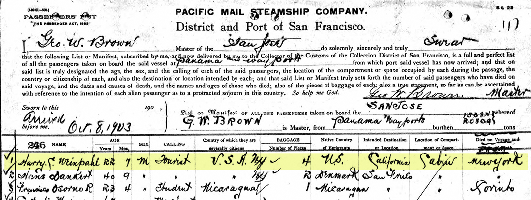 Ship manifest for the San Jose. Harry on line 1. Oct. 8, 1903.