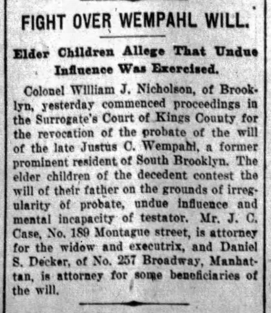 Fight over Weinpahl Will. The Brooklyn Citizen; 20 Nov 1900.