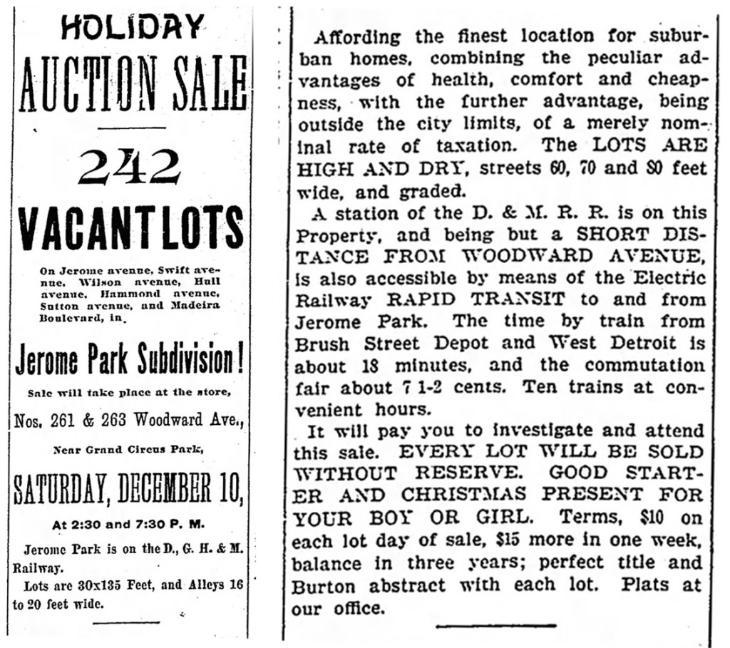 Jerome Park lots for sale, maybe as Christmas gifts. Detroit Free Press; Dec. 7, 1892
