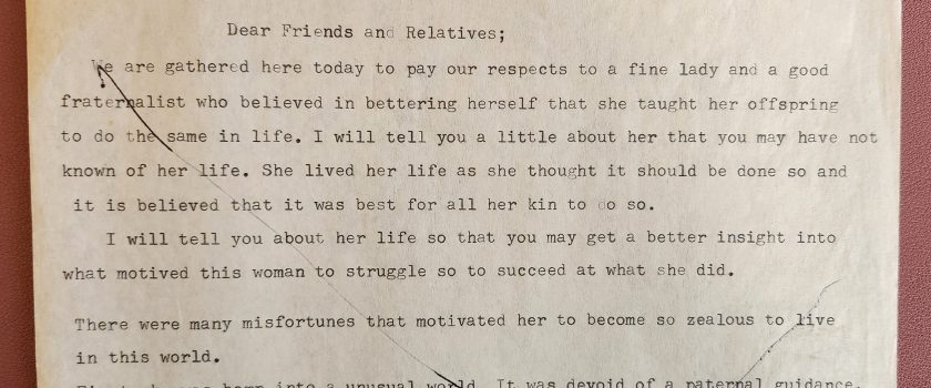 A handwritten letter addressing friends and relatives, expressing respect for a fine lady who believed in self-betterment and teaching her offspring the same values.